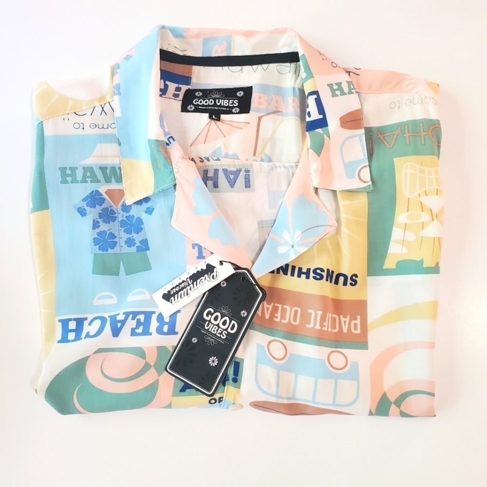 GOOD VIBES Men's Aloha Hawaiian Short Sleeve Button Down Casual Shirt NWT Size L